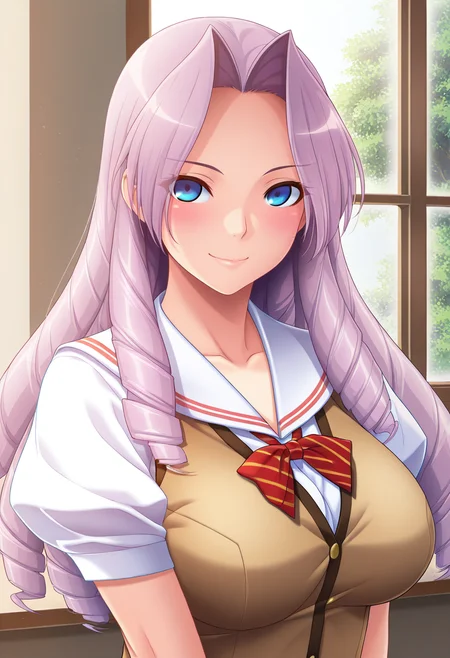 masterpiece, best quality, amazing quality, 1girl, solo, (portrait:1.2), amiww, blue eyes, purple hair, long hair, drill hair, large breasts, school uniform, red striped bowtie, white sailor shirt, brown vest, looking at viewer, smile, indoors, day, skindentation, detailed clothing folds, depth of field, sharp, high contrast, dynamic light <lora:Koujiro_Ami_Alea_ill:0.9>