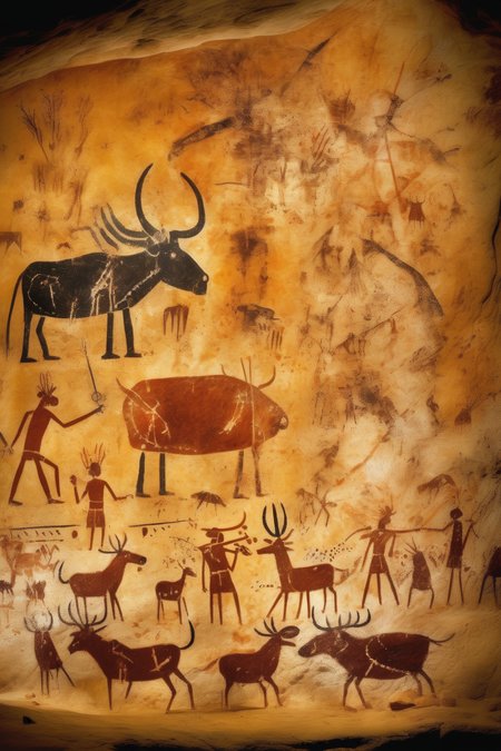 <lora:Lascaux:1>Lascaux - An image of prehistoric cave art with all the details. The image depicts a cave where a robotis hunting a deer with a spear and another robots are roasting the deer in the fire that is lit by a torch. The image also has depictions of other animals, including bison, horses, aurochs, deer, lions, bears, birds, robots, and woolly mammoths.