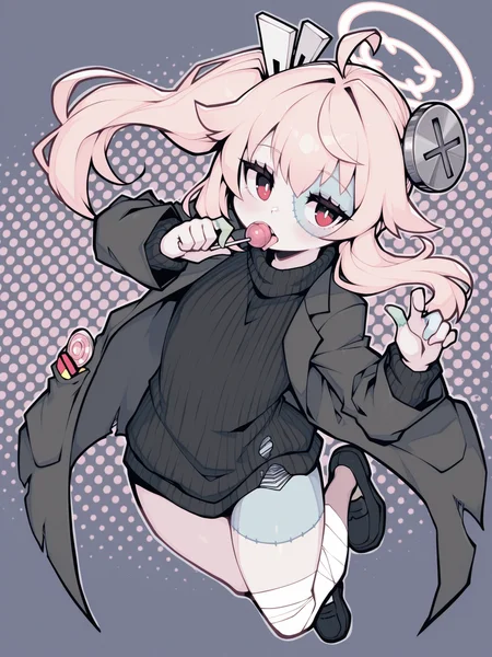 parororo, natsu \(blue archive\), natsu \(blue archive\)_hlw,  <lora:Natsu - Blue Archive - Halloween Costume (柚鳥ナツ - ハロウィン):1>, flat_chest, dark_grey_coat, dark_grey_turtleneck_sweater, torn clothes, screw_through_head, bandage, black loafers, patchwork_skin, patchwork_face, side_ponytail, licking lollipop, holding lollipop, jumping, abstract background, full body,  __positive__
