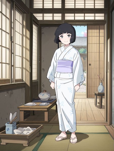 masterpiece,best quality,newest,absurdres,highres,detailed eyes,beautiful,detailed background,perfect eyes,anime coloring,anime screencap,
<lora:Miss_HOKUSAI:1>sarusubeniV1,
kimono,japanese clothes,
black hair,short hair,standing, 
barefoot,sandals,smile,m_oyui,