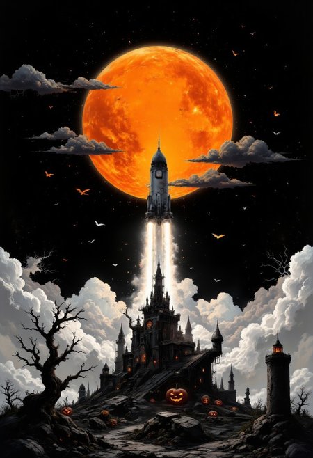 A graphic illustration, black and white, of a rocket in space going on direction of a brilliant orange Moon, Halloween Theme. d1eselc0re  gl1tchc0re aidmasoftglow