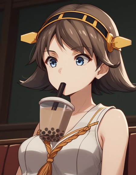 score_9, score_8_up, score_7_up, source_anime, <lora:kancolle-hiei-s1-ponyxl-lora-nochekaiser:1>, hiei, short hair, blue eyes, brown hair, hairband, hiei (kancolle), medium breasts,, <lora:bubble-tea-challenge-ponyxl-lora-nochekaiser:1>, bubble tea challenge, bubble tea, object on breast, drinking straw, drinking straw in mouth, drinking, cup,, indoors, sitting, looking down, , cowboy shot, dutch angle