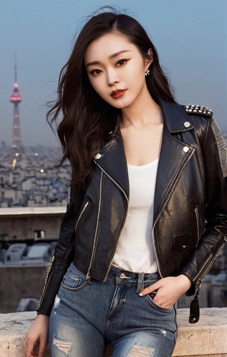 UHD, 4k, ultra detailed, cinematic, a photograph of (masterpiece,best quality,ultra high res:1.2),(photo-realistic:1.3),(beautiful face,exquisite face,skin texture:1.1),(Leather_biker_jacket:1.4),(Distressed_jeans:1.3),(Studded_ankle_boots:1.2),
side_light,sweet,<lora:songyi_XL_0_-000004:1.1>,
chinese actress,songyi,background paris tower,, epic, beautiful lighting, inpsiring