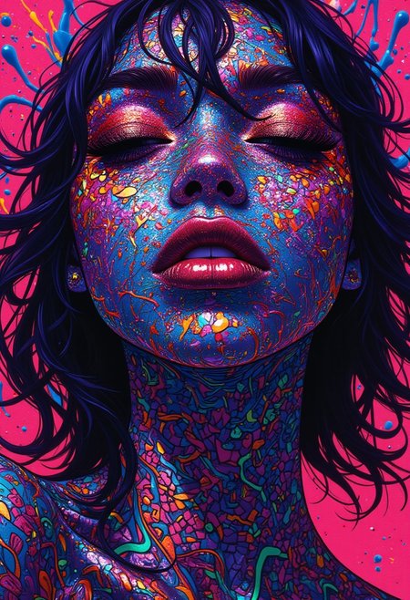 masterpiece, best quality, 1girl, closed eyes, upper body, splashing, abstract, psychedelic, neon, (honeycomb pattern), (creative:1.3)