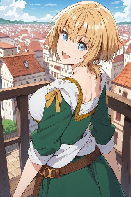 score_9, score_8_up, score_7_up, , source_anime, artearte, 1girl, solo, blue eyes, blonde hair, short hair, ponytail,  , (cowboy shot:1.5), , looking at viewer, , large breasts, smile , green dress, belt <lora:arte_pony-000016:1>, standing,  , cityscape, from behind,  looking back,  open mouth,