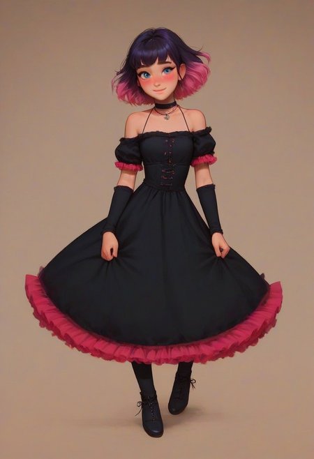 score_9, score_8_up, score_7_up, score_6_up, Roxy Spaulding, 1girl, 18 years old, perfect face, cute, petite, adorable face, detailed background, cozy interior background, medium distance, dynamic pose,
multicolored hair, black hair, purple hair, pink hair, short hair, black choker, necklace, black dress, frilled dress, bare shoulders, short sleeves, arm warmers, 
black clothes, pink clothes, focus on face,
blush, shy smile, full body shot, long legs, long dress,