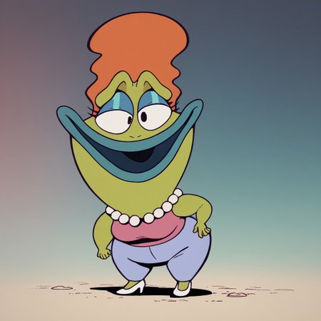 score_9, score_8_up, score_7_up BREAK BevBig, 1girl, orange hair, green skin, black eyes, blue lips, pearl necklace, sleeveless pink shirt, lavender pants, white high-heeled shoes, full body,