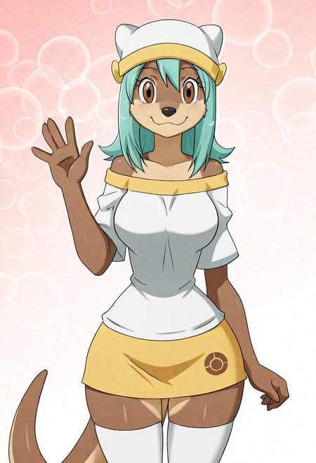 masterpiece, best quality, solo, curvy, beautiful eyes, large breasts, aged up, narrow waist, wide hips, furry female, otter, solo, smile, looking at viewer,    zzYumei, brown eyes, aqua hair,  animal ear headwear, white shirt, bare shoulders, yellow miniskirt, white thighhighs, zettai ryouiki  <lora:YumeiByKurumiErika_IXL:1.0>,  one hand raised, waving, standing pose, cowboy shot, smile,  looking at viewer,