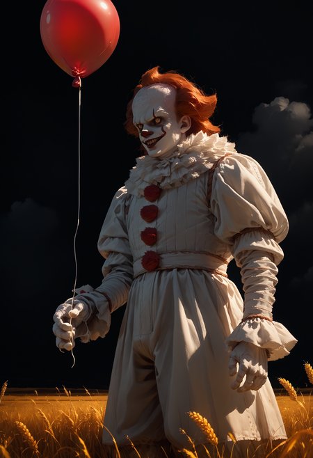 score_9, score_8_up, score_7_up, score_6_up, 1boy, monster, white costume, solo,
red balloon,holding balloon,
dark theme, field, wheat, cloudy sky, 
<lora:pennywise_v0.6-pony:1>
<lora:dark_v1.9-pony:1>