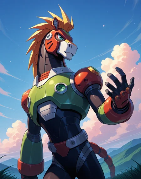<lora:Reploid_(Mega_Man_X)_(Illustrious)_(AD):1.5> reploid, MMX, 
exterior, sky with clouds, grassy valley,
male focus, intense shadows, dynamic shadows, intricate details, attention to details, gradient coloring, bright vivid colors, robot, bent leg, glossy metal body, cowboy shot, zebra reploid, 
BREAK very awe, masterpiece, best quality, amazing quality, very aesthetic, highres, absurdres,  
EZRealPONYXL, zPDXL, Smooth Quality, lazynsfw,