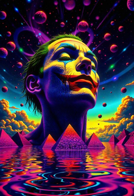 surrealist art A giant Joker head, with infinite eyes spread across its surface, emerges from the horizon. Floating pyramids orbit around it, casting surreal shadows on the distorted landscape below. In the background, a sky filled with swirling neon clouds and streaks of light creates a psychedelic atmosphere, as the ground ripples like liquid beneath the head.  , ,Velvia 100 . dreamlike, mysterious, provocative, symbolic, intricate, detailed, <lora:Flux\boFLUX Psychedelic Surrealism v1.safetensors:1.0:1.0>