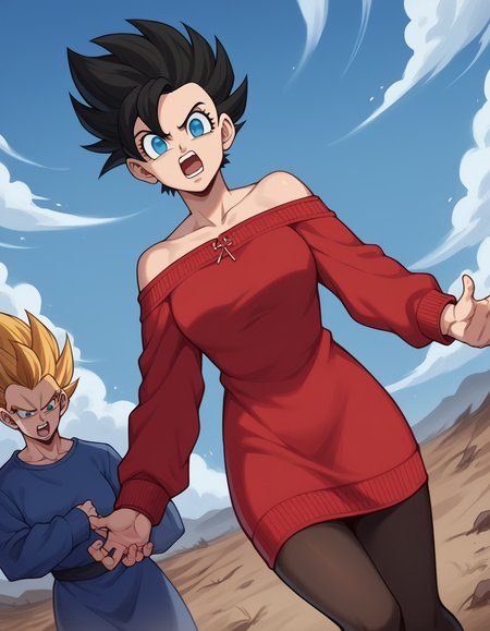 score_9, score_8_up, score_7_up, source_anime, <lora:super-saiyan-ponyxl-lora-nochekaiser:1>, super saiyan, spiky hair, aura, open mouth, closed hands, shouting, breast, 
<lora:yor-briar-s1-ponyxl-lora-nochekaiser:1>,
bare shoulders, collarbone, dress, long sleeves, off shoulder, off-shoulder dress, off-shoulder sweater, pantyhose, red sweater, sweater, sweater dress, thighs,
wasteland, sky, blue sky, clouds,, cowboy shot, dutch angle, looking at viewer,