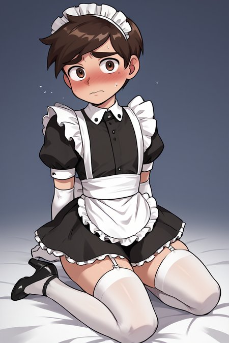 score 6 up,score 7 up, score 8 up,score 9,blush,short sleeves,looking at viewer,  <lora:marco_diaz:0.7>,marco diaz,brown hair,mole under left eye,short hair,solo,thick eyebrows,<lora:Lucyla_Art_Style:0.4>,male focus,maid headdress,maid uniform,,embarrassed,black heels,white elbow gloves, white stockings