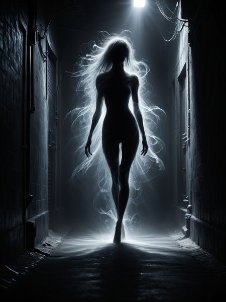 black silhouette  made of black mad-wsps emerging from the shadows in a dark alley, fog, dynamic pose, cinematic shot, dramatic lighting <lora:Wisps_of_Light_SDXL:1>, masterpiece, best quality, ultra high res, (photorealistic, realistic:1.2), deep shadow, raw photo, film grain, Fujifilm XT3, 8k uhd, dslr