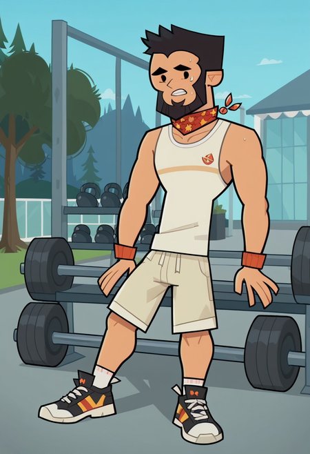 score_9, score_8_up, score_7_up, score_6_up, , flat color, FINN AGUDELO, 1boy, solo, nice skin, black hair, Black eyes, Black beard,  sleeveless shirt, shorts, sweatband, sneakers, tight clothing, outdoor, gym.