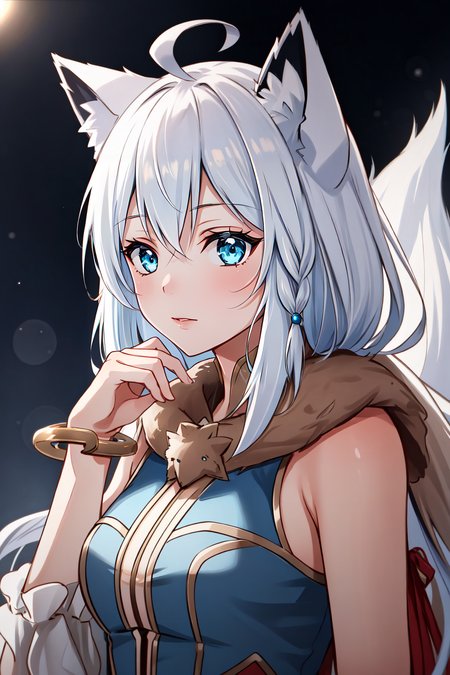 (masterpiece, best quality),  intricate details,
1girl,  <lyco:KitsuneAi-FBK-LoCon32V2:0.8> white hair, fox tail, fox ears,  blue eyes, white ahoge, 
 fcPortrait, hotify, kkw-ph1, OverallDetail, prettify,  prettyeyes   <lora:attire_ragnarokonlineprofessor:0.8> ragnarokprof, jewelry, bracelet, bangle,