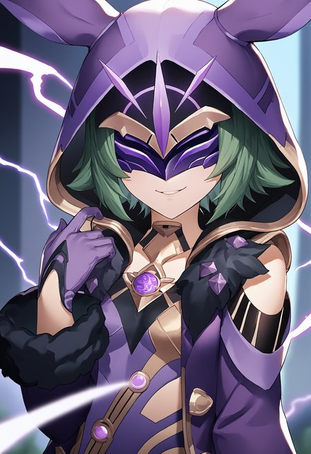 score_9, score_7_up, source_anime BREAK 1girl, solo, <lora:chyko-artist-richy-v1_pdxl:1.0> looking at viewer, smile, upper body,  <lora:electrocicin-gi-richy-v1_pdxl:1> electrocicin, green hair, short hair, eye mask, covered eyes, hood, hooded cloak, purple leotard, fur trim, long sleeves, gloves