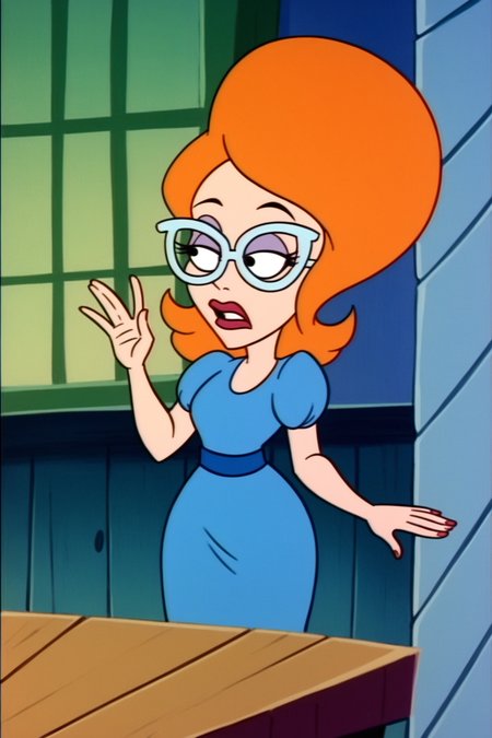 PonyXLV6_Scores , bugjuice style, blue dress, orange hair, 1girl, glasses, <lora:BugJuicePDXL:0.8>