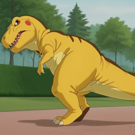masterpiece, best quality, amazing quality, Tyrannosauruslbtil, feral, Tyrannosaurus rex, pikachu costume, in a park