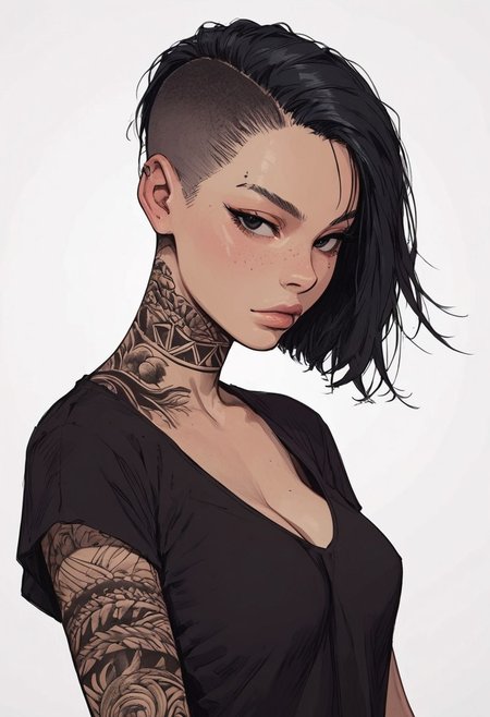 score_9, score_8_up, score_7_up, high detailed, high quality, masterpiece, no text, quality highlights, 8k detail, detailed background, source_anime, dynamic view, hentai, ultra-detailed,
...
1girl, (((solo))), female focus, expressiveh,
(18 years old),
(black hair), (short hair), ((shaved side haircut)), ((black eyes)),
beauty face, seductive, face freckles,
gorgeous, seductive,
(hourglass body), (small breasts), short body,
(bare shoulders), (bare neck), (fit body), 
cleavage, navel,
(incredibly sexy), dynamic pose,
((tribal black tattoos)),
...
(black t-shirt), ((band logo on t-shirt)),
((bare neck)), closed mouth,
eyes wide, looking at viewer, posing,
side view, standing, upper body,
...
(((white background)))