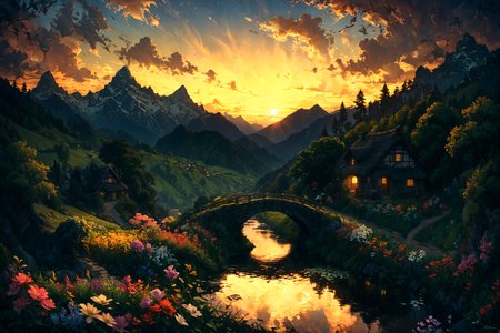 Imagine a serene landscape set during the golden hour, with the sun casting its warm glow over a picturesque village nestled in the rolling hills of the countryside. In the foreground, a crystal-clear stream meanders through lush green fields dotted with wildflowers of every hue, reflecting the vibrant colors of the sky as day transitions to evening. An ancient stone bridge spans the stream, leading to the village where quaint cottages with thatched roofs and flowering vines climbing up their walls emit a welcoming glow from their windows. In the distance, majestic mountains stand guard, their peaks just catching the last light of the sun. This tranquil scene is alive with the sounds of nature: the gentle flow of water, the soft rustle of leaves in the breeze, and the distant call of birds heading home. The whole composition invites the viewer into a timeless moment of peace and beauty, untouched by the rush of modern life. <lora:Lost_In_Dreams:0.7> <lora:xl_more_art-full_v1:0.6>, (masterpiece:1.2), best quality, (hyperdetailed, highest detailed:1.2), high resolution textures