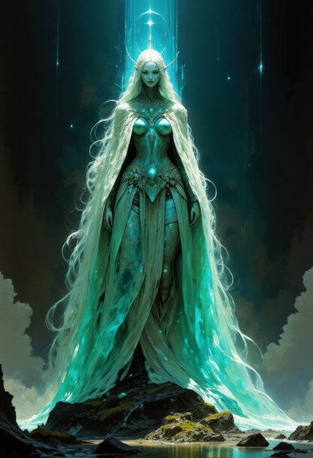 impressionist classical-style painting of a highly detailed, fantasy scene with a calming ethereal watery aesthetic. The central figure is an elf with an ethereal, glowing appearance, standing in a dimly lit, angelic environment. She has a striking, almost otherworldly appearance, with her skin flowing with a light-like texture. Her long, flowing hair and eyes are an intense aurora color,matching the environment that surround her, she is dressed in a turquoise, glowing bodysuit made of moss and bark, smoke billowing in the background,  (((ultra-realistic style))), realistic soft lighting, bright, eye-catching, atmospheric lighting, natural, shallow depth of field, (highlights: 0.8), high detail (dynamic, cinematic shot, film grain, bokeh, depth of field,
