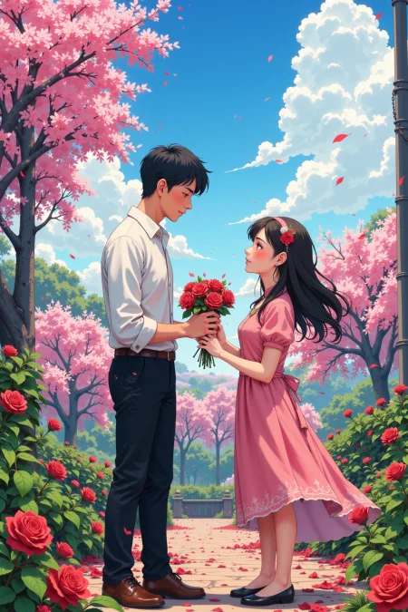 A man in love offering his girlfriend a bouquet of roses on Valentine's Day beautiful  anime landscape, noon, woman, very intricate, very detailed, sharp, bright, colorful, <lora:Hand v2:0.5> <lora:Anti-Blur:1><lora:Insane Detail Slider:0.25>  <lora:flux.1_lora_flyway_Epic-detail_v2:0.3> <lora:fluxenhancer:0.25> <lora:ROWER:0.6>   <lora:Niji Anime Stan Katayama:0.8> Niji Stan Katayama Style