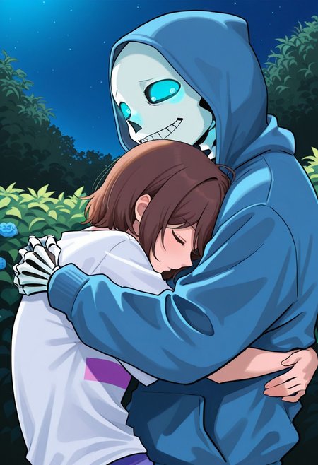score_9, score_8_up, score_7_up, score_6_up, aoj_sr, 2d, source_cartoon, 
night,garden,closer look, close view, duo,
(1male,s4ns,skeleton,one blue glowing eyes,skull,skeleton arms,skeleton body,oversized,white t-shirt),
holding, face to face, sideview, hugs, head on chest,
(1woman,frisk,woman,closed eyes,brown hair,blue hoodies,big breasts,short hair),