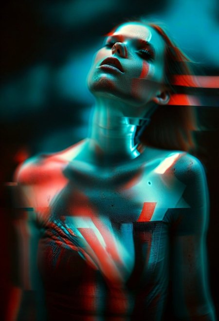 (real life, woman floating in space, seductively  looking at the viewer, clean brick red environment, grim style, horror lens effect, jarring optical effect, layered effects, dark shadows, hazy, grainy:1.2), (full body, a woman looking aroused and eager, shocked, dark space, dark natural natural colors, HDR, 5mm:1.2), (glitch art by (Hans Feurer:1.1) and (Roe Ethridge:1.2)), glowing blue on black, hints of yello, dynamic pose