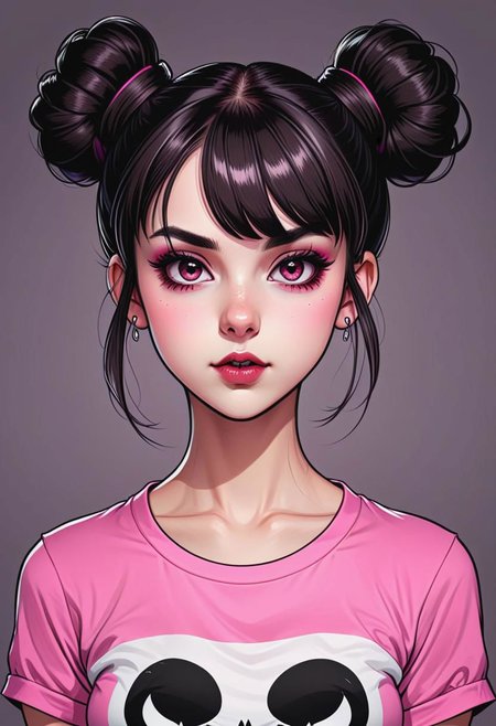 medium shot, (cell shading style: 1.3), centered image, ultra detailed illustration of cute white 23 year old female , black double bun hair and bangs, wears a pink t-shirt, is a vampire, Brown eyes. (tetradic colors), inkpunk, (ink lines: 1.1), strong outlines, art by MSchiffer, bold strokes, no frame, high contrast, (cel-shaded: 1.1), vector, 32k resolution, best quality, colors flat, flat lights