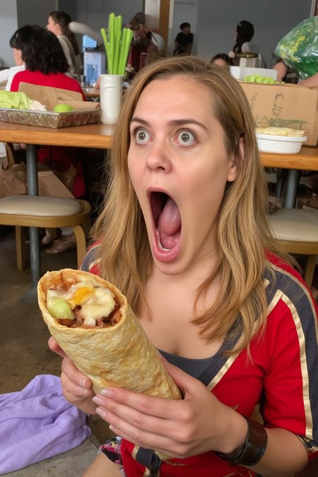 Beautiful professional photograph of a woman with her eyebrows raised high and her jaw dropping, and her big mouth wide open.  She is in Taco Bell holding a humongous burrito!  Her jaw is dropped wide open and her mouth looks comically huge.