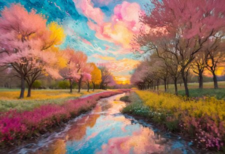 trees swirling with van gogh brushstroke leaves, vibrant color palette, paint splatter flower fields blooming, pointillist style clouds like cotton candy formations, dreamy soft lighting, romantic warm sunset glow, gentle bokeh, whimsical surreal fantasy meadow, meandering brushed stream reflections