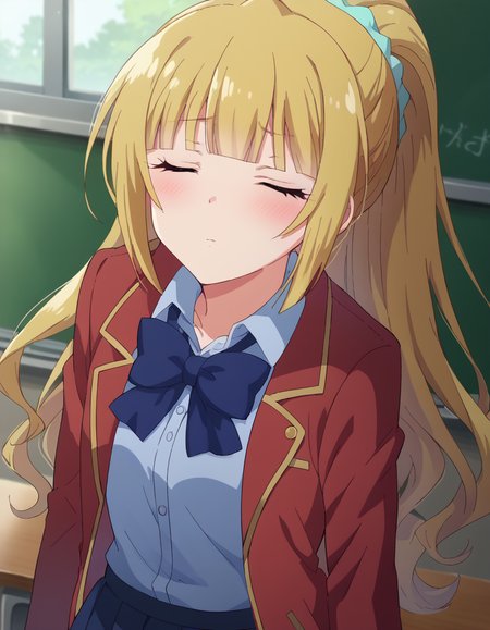 score_9, score_8_up, score_7_up, source_anime, 
keikaruizawa, <lora:kei-karuizawa-anime-s2-ponyxl-lora-nochekaiser:1>, 
kei karuizawa, long hair, bangs, blunt bangs, blonde hair, shirt, hair ornament, ponytail, scrunchie, blue scrunchie,
skirt, shirt, bow, school uniform, jacket, red jacket, pleated skirt, bowtie, sweater, blue bow, blue shirt, 
indoors, classroom, <lora:incoming-kiss-ponyxl-lora-nochekaiser:1>, incoming kiss, blush, closed eyes,
looking at viewer, cowboy shot, dutch angle,