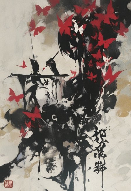 1 girl , writing ,chinese text , paintbrush , butterfly , abstract , abstract background , absurd , dripping paint effect , ((calligraphy)) ,
masterpiece, best quality ,amazing quality , crying_illu ,xxx667_illu , usnr ,