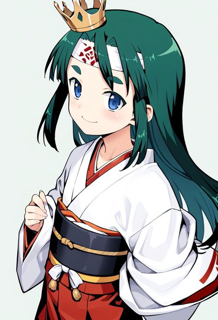 <lora:Tsugumomo-PonyXL-1024px-v1.0:0.8>
1girl, solo, flat chest, short petite, small body, bushy eyebrows, blue eyes, crown, green hair, headband, japanese clothes, kimono, long hair, looking at viewer, sash, skirt, smile, standing, tabi, transparent background, (upper body).