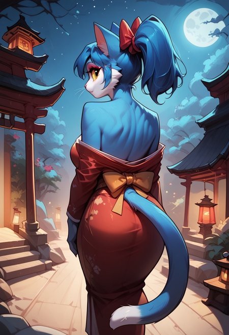masterpiece, cute girl, Audr3yc4t, blue anthro cat, blue fur, blue hair, ponytail, score_9, score_8_up, score_7_up, score_6_up, hyattlen, fFaceDetail, Expressiveh, detailed eyes, 1girl, solo, big bright eyes, cat tail, innocent look, hair up, closed mouth, makeup, bottom lip, standing, wearing kimono, flower pattern, wearing sandles, large bow, from behind, looking back, rock, large bonsai tree, sand, zen garden, lantern, night, moon, water, shrine, pagoda, insense, smoke, moon, high angle, eyes half closed, hands at side, torii gate, 