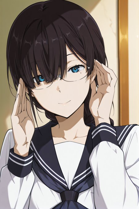 masterpiece, best quality, highres, newest, 1girl, solo, official style, anime screencap, <lora:IL_Juumonji_Kaho_v2:1>, kaho, black hair, blue eyes, braid, glasses, sidelocks, bangs, hair over one eye, mole under eye, serafuku, looking at viewer, upper body, smile, adjusting eyewear, hands up, five fingers, expressionless