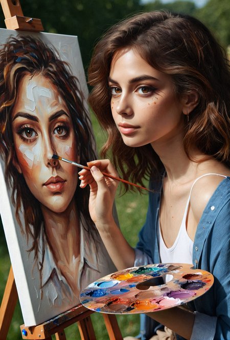 photo of a woman painting a self-portrait, canvas, palette, 1girl, brown eyes, outdoors, sun, volumetric lighting, <lora:paintingselfportrait:0.7>