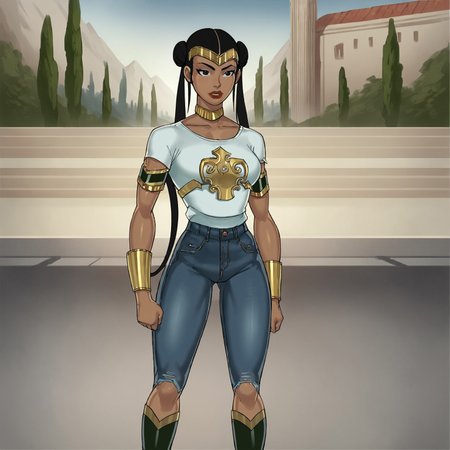 safe_pos, score_9_up, score_8_up, score_7_up, solo, 1girl, makeup, lipstick, long hair, twin tails, double bun, black hair, black eyes, neck ring, bracers, armlet, jewelry, knee boots, collarbone, peng deilan, tiara, jeans, t-shirt, knee boots, dark skin, middle of the city