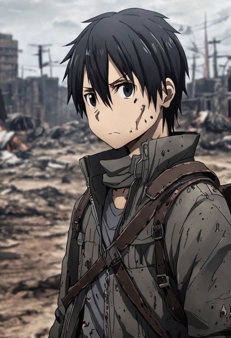 high resolution, solo, best quality, 1Boy, Kazuto Kirigaya, Black Hair, Black Eyes, shallow depth of field, Post-Apocalyptic, survival, OverallDetail