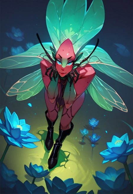 score_9, score_8_up, score_7_up, score_6_up, dark faerie, flying at night, beautiful face, heavy black boots, highly detailed, blue lotus blossom, insect wings, twisting brambles, monster boy, perfect eyes looking at viewer, cyan and magenta, colored skin,
