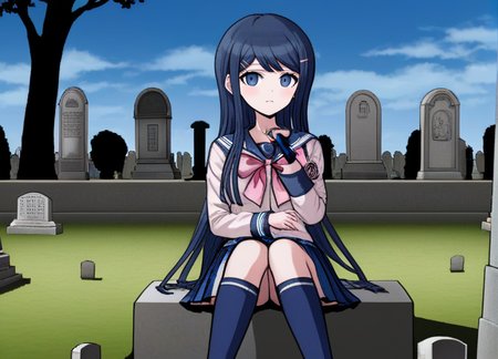 <lora:Sayaka_Maizono_SDXL:1>,  (((blue socks))), The image is a screenshot from the Danganronpa S and is in danganronpa sprite style.  (((blue socks))), Sayaka Maizono wearing her uniform from Danganronpa 1. She has her long blue hair down. She is wearing the white and blue Hope's Peak Academy uniform with a bright white top. Her sleeves reach her wrists.  She's wearing a light pink ribbon.  She has a short, pleated, blue skirt. Sayaka Maizono wears navy blue thigh-high socks. Her footwear is dark brown Mary Janes shoes. The setting is a cemetery. Sayaka Maizono is sitting in front of a grave with a headstone in the shape of a microphone.