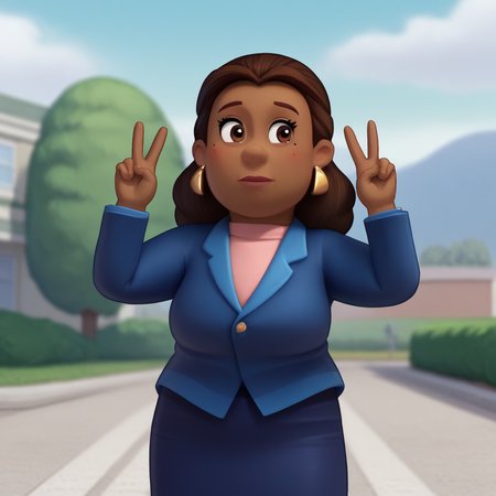 Ugly score_9_up, score_8_up, BREAK, MayorGoodway, 1girl, fat, solo, brown hair, brown eyes, dark skin, earrings, blue suit,  formal clothes, pencil skirt, cowboy shot, double v,  <lora:MayorGoodway_PXL_Leaf1:1>, outdoors, depth of field,