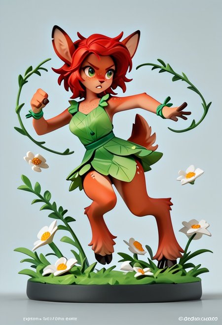 zPDXL3, score_9, score_8_up, score_7_up, 1girl, solo, medium breasts,
green eyes, animal ears, body fur, furry female, dark-skinned female, dark skin, freckles, hooves, red hair, deer tail, faun,
simple background, grass, flowers, fighting stance,
etfawn, amiibo, figure, full body,