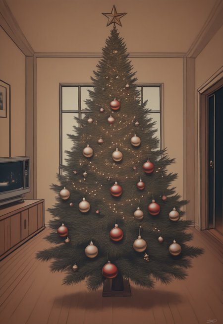 masterpiece, best quality, newest, absurdres,  Christmas Aesthetic, no humans, window, television, retro photography, christmas tree, christmas ornaments, scenery, christmas, 1950s vibes, tree, door, indoors, still life