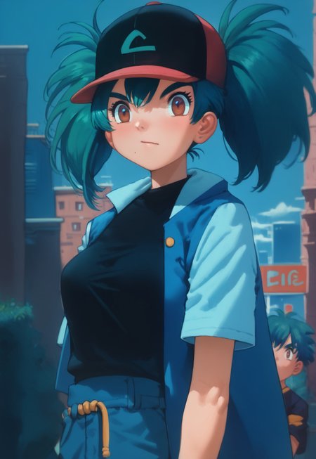 lasterk, score_9, score_8_up, score_7_up, score_6_up, 2d, (skinny body:1.1) (medium breasts1:1)  1girl, PMDuplica, brown eyes, green hair, bangs, twintails, hair tie, thick eyebrows, hat, baseball cap, jacket, shirt, black shirt, city background