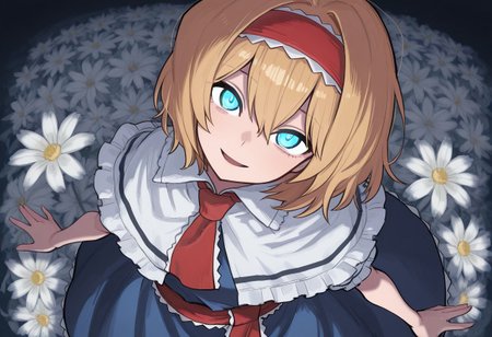 best quality, hires, thick outlines, from above, 
1girl, solo, hinase (cookie), (alice margatroid:0.5),
hair between eyes,
short hair, blonde hair,
red hairband,
white capelet, frilled capelet,
red necktie,
blue dress,
red sash, frilled sash, blue eyes, bright pupils,
glowing eyes, head tilt,
crazy eyes, open mouth, smile,
looking at viewer,
spread arms, outstretched arms, legs together, standing, 
marionette,
floral background, white flower,