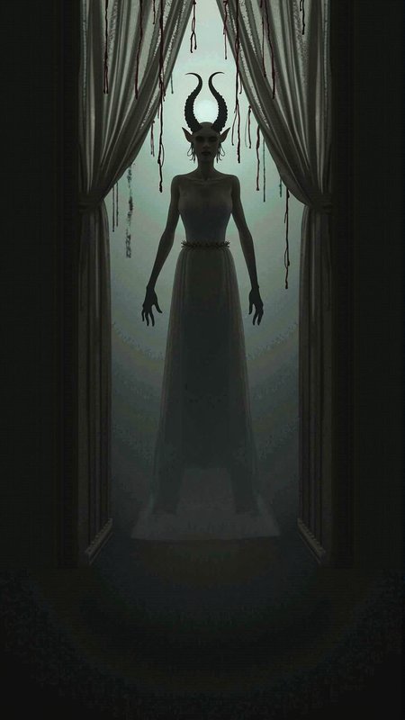 A concept art of of a KrampusStyle Curtains. Dark, atmospheric and moody atmosphere. teeth, haunted, drenched
<lora:KrampusStyleFlux:__wildcards/numbers/07-09__>