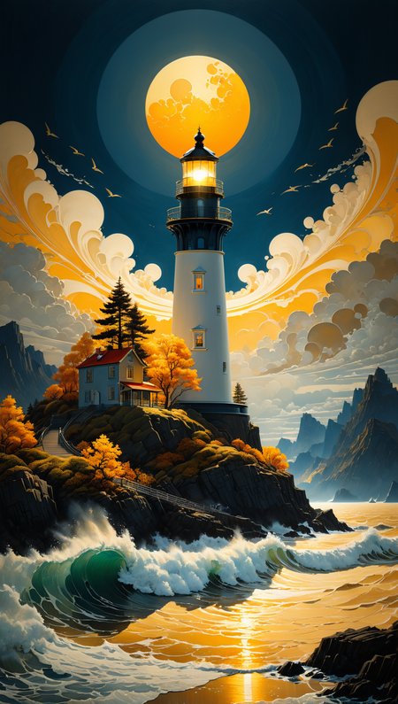 very beautiful insanely detailed image of glowing seascape lighthouse in golden October". beautiful golden mountains, bright dark yellow ornate sun, by Victo_Ngai, Oleksandra Ekster, Malevich, Vladyslav Yerko and Alexander Jansson, Vladyslav Yerko! Very Complex perfect elegant composition! linen gesso acrylic paper, epic Dramatic lighting! Razor-sharp quality insanely detailed, deep colors realistic masterpiece<lora:xl_more_art-full_v1:0.5>