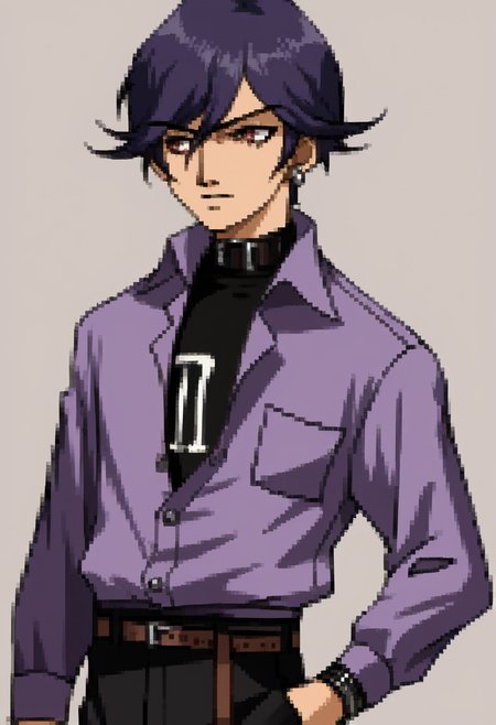 score_9, score_8_up, score_7_up, source_anime, BREAK ,solo, 1boy, <lora:P2-Protraits-pdxl_Fp:1>, portrait, simple background, <lora:Naoya-pdxl_Fp:1>, naoya25a, shirt tucked in, purple shirt, black pants, black shirt, belt, single earring
